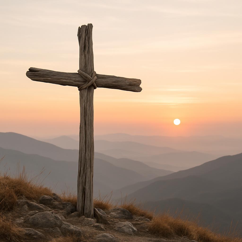 Abstract wooden cross on a mountain top, with the sun setting through the mountains in the distance.